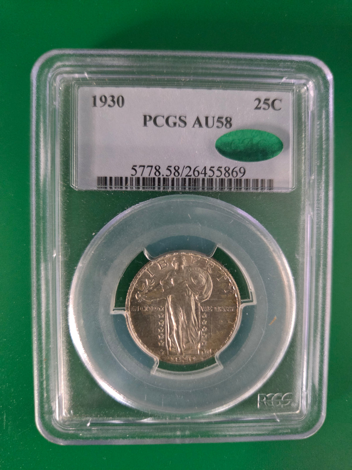 1930 STANDING LIBERY QUARTER PCGS AU58 CAC