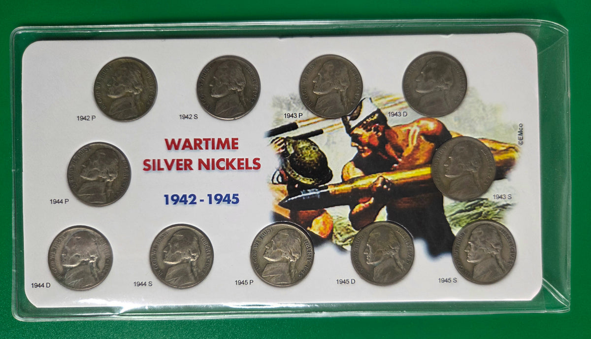 COMPLETE 11 PC SET OF SILVER WAR NICKELS 1942-45 PDS