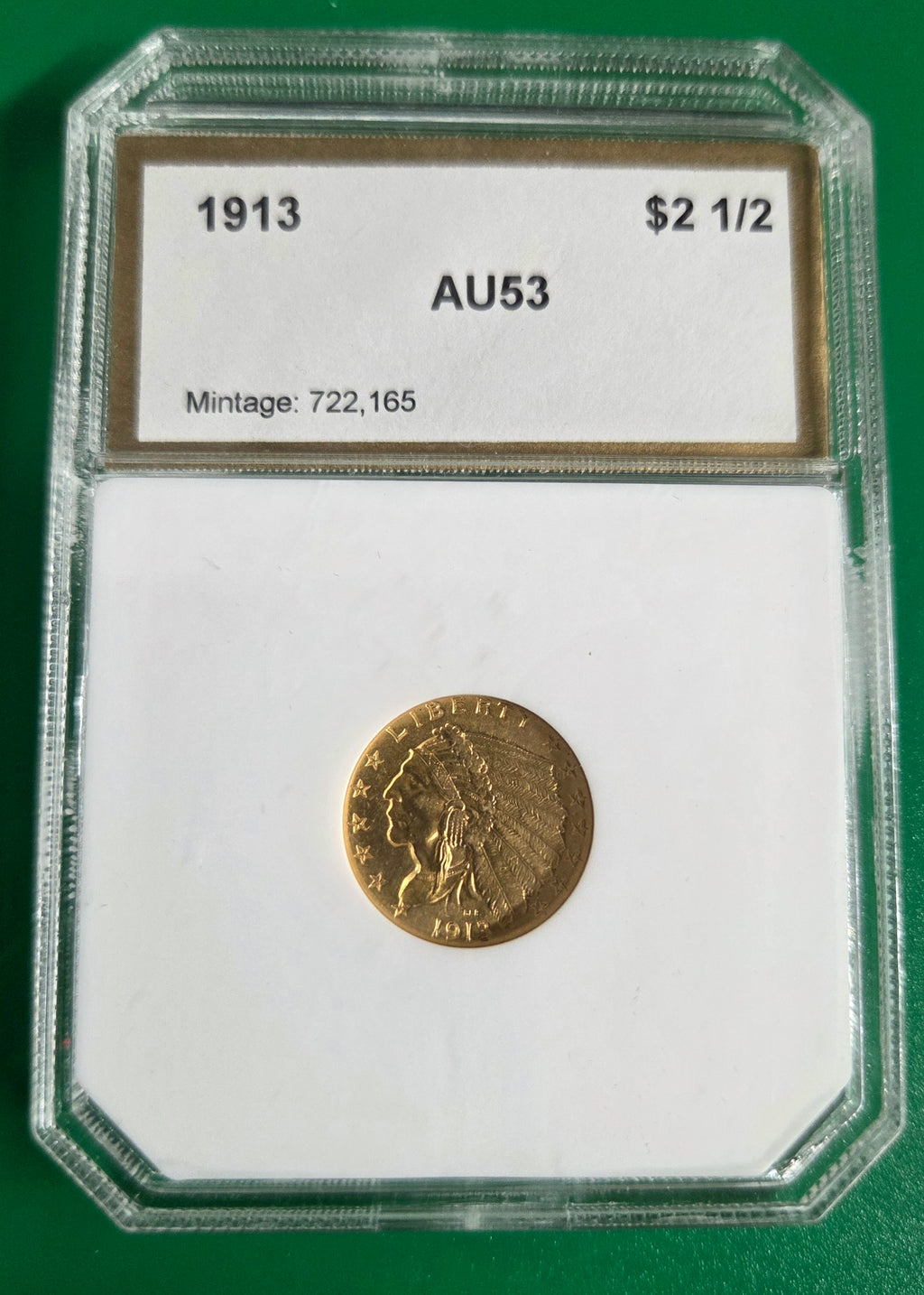 1913 2 1/2 GOLD INDIAN PCI AU53