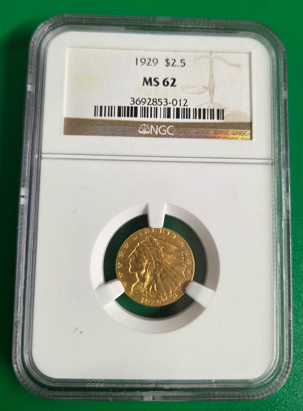1929 2 1/2 GOLD INDIAN NGC MS 62